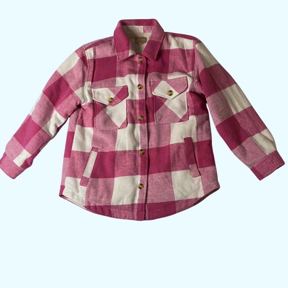 Love‎ Tree Pink White Buffalo Plaid Sherpa Lined Flannel Shacket Jacket Large